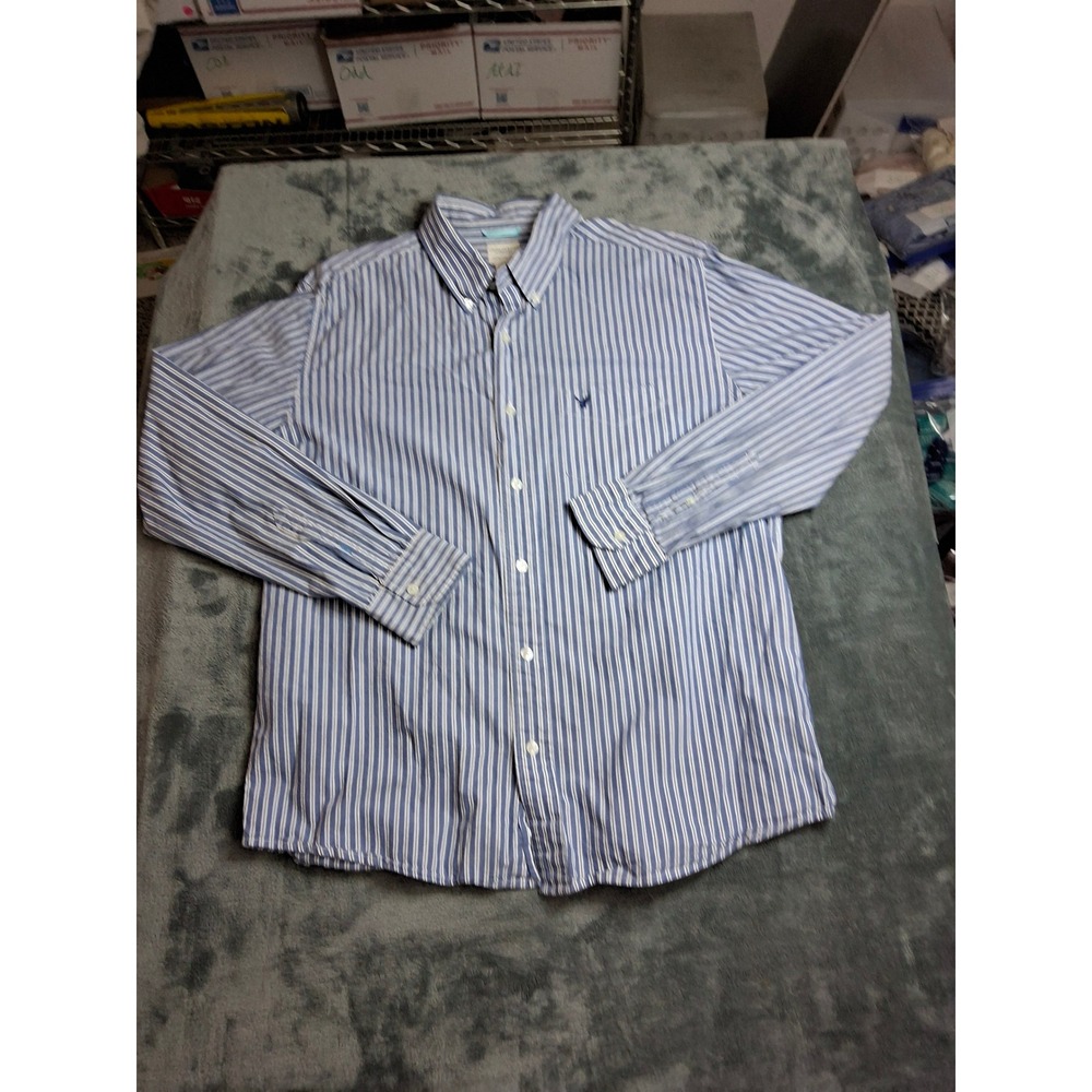 American Eagle Mens L Blue White Striped Long Sleeve Button Down Shirt Large